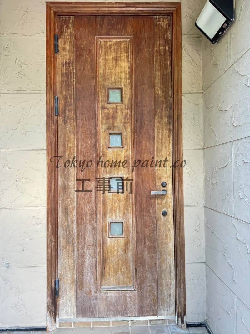 調布市、木製玄関ドアオイル塗装、施工前