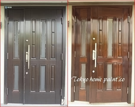 杉並区、国内木製玄関ドアの再塗装とDIYで塗装可能かどうかの説明